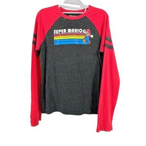 2017 Nintendo Super Mario Raglan Long Sleeve Shirt Youth XL Grey Red Baseball T